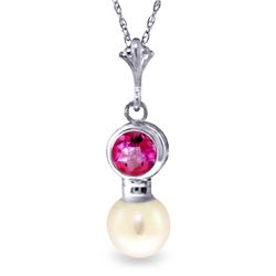 14k WG Bezel Set .48ct Pink Topaz & .75ct Pearl Necklace
