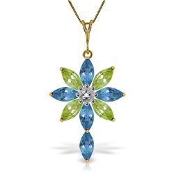 14k Solid Gold Blue Topaz, Peridot & Diamond Necklace