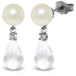 14k WG 4.50ct White Topaz, Diamond & Pearl Earrings