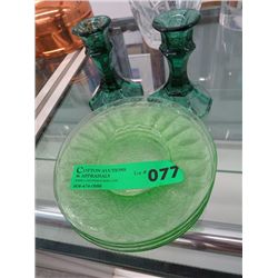 Four green pressed glass dessert plates