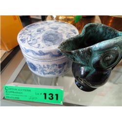 Ceramic lidded dish & raven jug 4" tall