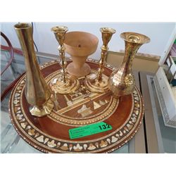 Inlaid wooden tray with four pieces of brass