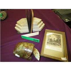 Small framed print of Italy, marble book ends,