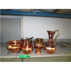 Shelf lot of copper and brass decorative items