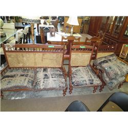 Wood and rattan love seat and chairs