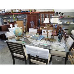 Glass top table, wood base