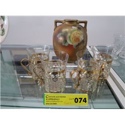 Four Swedish coffee glass & 5" painted vase