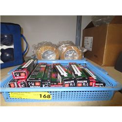 Tray of packing tape & tray of 13 W fluorescent