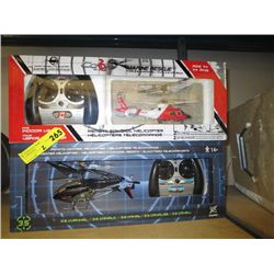 Two remote control helicopters