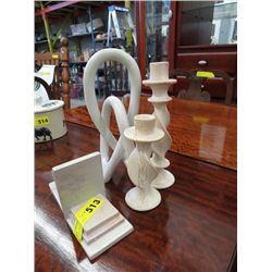 Stone bookend, 8" tall statue & 2 candle sticks