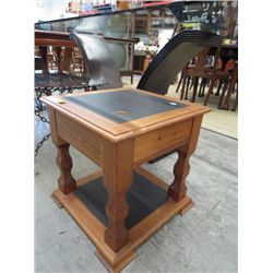 End table, wood, leather insert top 18" square