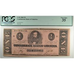 1862 $1 CONFEDERATE STATES OF AMERICA NOTE PCGS 35