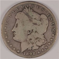 1892-CC MORGAN SILVER DOLLAR, VG