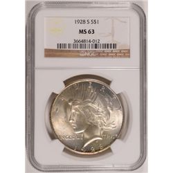 1928 S PEACE DOLLAR NGC MS63 NICE, WHITE