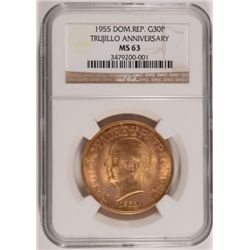 1955 GOLD 30-PESO'S TRUJILLO ANNIVERSARY NGC MS63