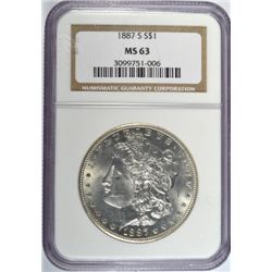 1887-S MORGAN DOLLAR NGC MS63 BLAST WHITE