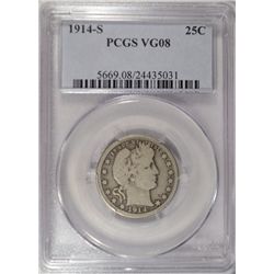 1914 S BARBER QUARTER PCGS VG8 KEY COIN!