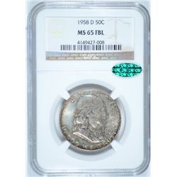 1958-D FRANKLIN HALF DOLLAR NGC MS65 FBL CAC STICKER, SUPERB COLORS!