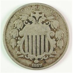 1867 SHIELD NICKEL, NO RAYS, VG/F NICE COIN