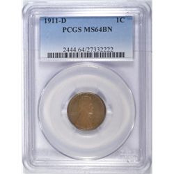 1911-D LINCOLN CENT PCGS MS64 BN