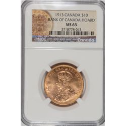 1913 CANADA $10.00 GOLD ( BANK OF CANADA HOARD ) NGC MS-63, RARE! BOOKS AT $4000