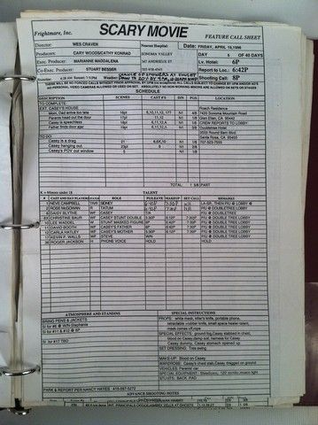 Scream Original Script/Revised Pages/Production Notes/Call Sheets
