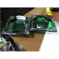 EMERALD GLASS ASHTRAYS - 2 & 2 SMALL CRYSTAL VASES