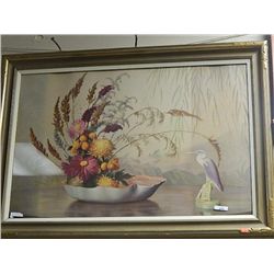 FRAMED PICTURE - GOLD FRAMED - FLOWERS & HERON