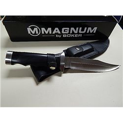 KNIFE - MAGNUM BY BOKER - SURVIVAL  - WITH LEATHER SHEATH & SHARPENING STONE - LIFE TIME WARRANTY - 