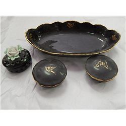 PORCELEIN - BLACK DANCER, TRAY & 3 SMALL LIDDED CONTAINERS