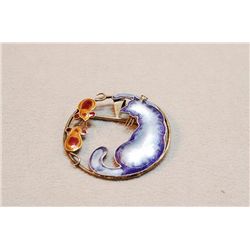 Gorgeous Sterling Silver And Enamel Cat Chasing Mice Brooch