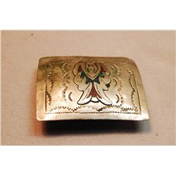 Vintage Sterling Silver With Turquoise And Coral Chip Inlay Buckle, 26.2 Grams
