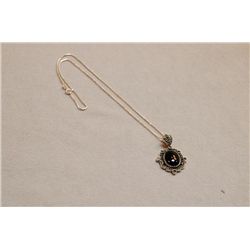 Sterling Silver Marcasite Onyx Pendant On Sterling Necklace