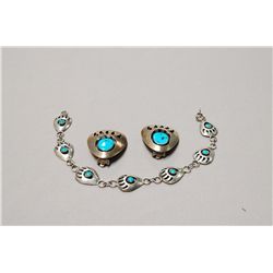 Vintage Sterling Silver And Turquoise Bear Claw Bracelet And Earrings