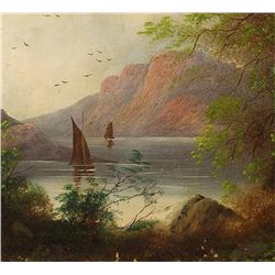 19th C Oil on Board Landscape w/ Sailboats