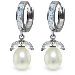 14K White Gold 8.0ct Pearl & 1.3,1.0ct Aquamarine Earring