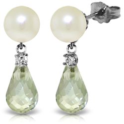 14k WG 4.50ct Green Amethyst, Diamond & Pearl Earrings