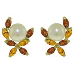 14k Gold Garnets, Citrines and Pearl Stud Earrings