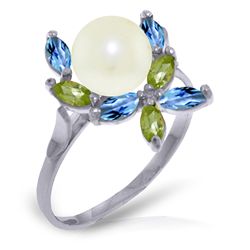 14K White Gold 2.0ct Pearl w/ Peridot & Blue Topaz Ring