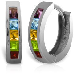 14k White Gold Multi Gemstone Huggie Earrings