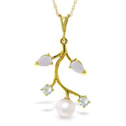 14k Solid Gold Opal, Aquamarine & Pearl Necklace