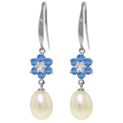 14k Pearl, Blue Topaz with Diamond Fish Hook Earrings