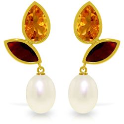 14K YG 5.0ct CITRINES,GARNETS & 5.0ct PEARL EARRING