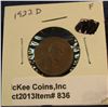 Image 1 : 836. 1922 D Lincoln Cent. VG-8. Redbook value $21.00.