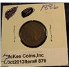 Image 1 : 879. 1886 Indian Head Cent. Type 1. Brown EF. Redbook value $140.00.