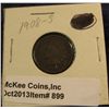 Image 1 : 899. 1908 S Indian Head Cent. G-4. Redbook value $90.00.