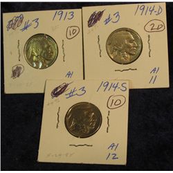 155. 1913 P T.1 VF+, 14 D *key date) G-4, & 14 S G-4 Buffalo Nickels. Redbook value $136.00.