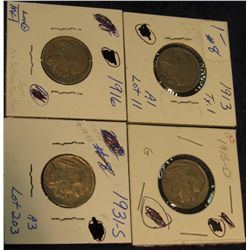 156. 1913 P T.1 F-12, 15 D G-4, 16 P VF, & 31 S EF Buffalo Nickels. Redbook value $81.00.