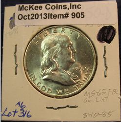 905. 1950 D Franklin Half Dollar. Brilliant MS 63. Redbook value $38.00.