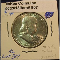 907. 1951 P Franklin Half Dollar. Brilliant MS 63. Redbook value $24.00.